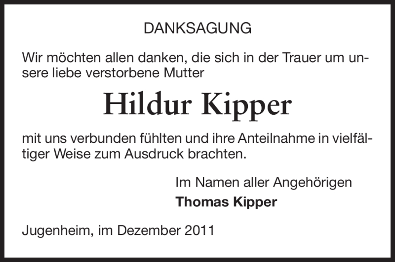  Traueranzeige für Hildur Kipper vom 21.12.2011 aus Echo-Zeitungen (Gesamtausgabe)