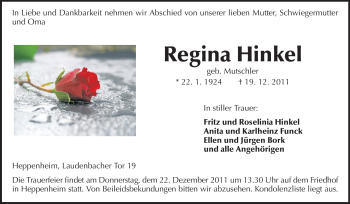 Traueranzeige von Regina Hinkel von Starkenburger Echo