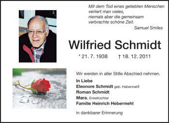 Traueranzeige von Wilfried Schmidt von Echo-Zeitungen (Gesamtausgabe)