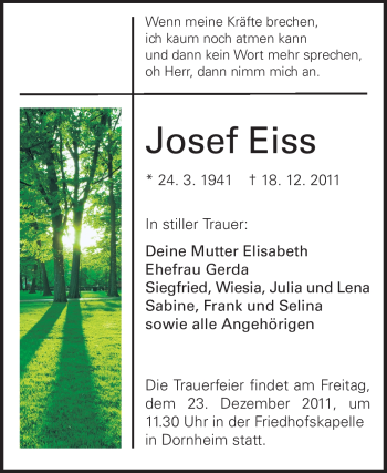 Traueranzeige von Josef Eiss von Rüsselsheimer Echo, Groß-Gerauer-Echo, Ried Echo