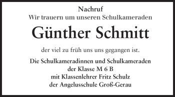 Traueranzeige von Günther Schmitt von Rüsselsheimer Echo, Groß-Gerauer-Echo, Ried Echo