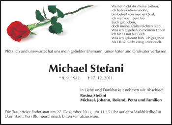 Traueranzeige von Michael Stefani von Darmstädter Echo, Odenwälder Echo, Rüsselsheimer Echo, Groß-Gerauer-Echo, Ried Echo