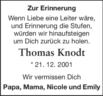 Traueranzeige von Thomas Knodt von Echo-Zeitungen (Gesamtausgabe)
