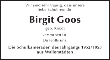 Traueranzeige von Brigitte Goos von Rüsselsheimer Echo, Groß-Gerauer-Echo, Ried Echo