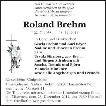 Traueranzeige von Roland Brehm von Rüsselsheimer Echo, Groß-Gerauer-Echo, Ried Echo
