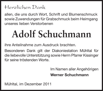 Traueranzeige von Adolf Schuchmann von Echo-Zeitungen (Gesamtausgabe)