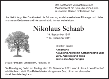 Traueranzeige von Nikolaus Schaab von Starkenburger Echo