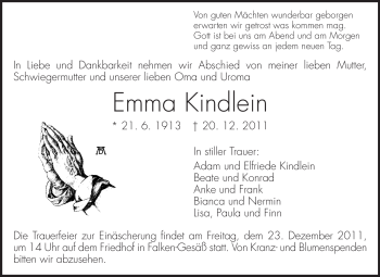 Traueranzeige von Emma Kindlein von Odenwälder Echo
