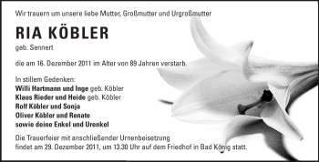 Traueranzeige von Ria Köbler von Odenwälder Echo