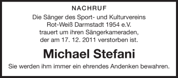 Traueranzeige von Michael Stefani von Darmstädter Echo, Odenwälder Echo, Rüsselsheimer Echo, Groß-Gerauer-Echo, Ried Echo