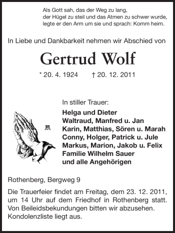 Traueranzeige von Gertrud Wolf von Odenwälder Echo