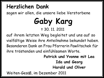 Traueranzeige von Gaby Karg von Odenwälder Echo