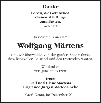 Traueranzeige von Wolfgang Märtens von Rüsselsheimer Echo, Groß-Gerauer-Echo, Ried Echo