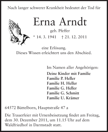 Traueranzeige von Erna Arndt von Echo-Zeitungen (Gesamtausgabe)