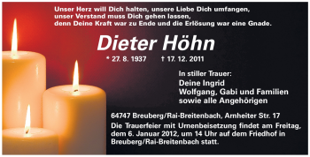 Traueranzeige von Dieter Höhn von Echo-Zeitungen (Gesamtausgabe)