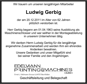Traueranzeige von Ludwig Gerbig von Odenwälder Echo