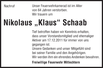 Traueranzeige von Nikolaus Schaab von Starkenburger Echo