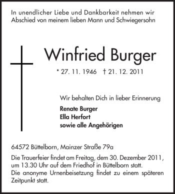 Traueranzeige von Winfried Burger von Rüsselsheimer Echo, Groß-Gerauer-Echo, Ried Echo