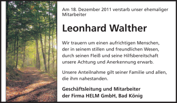 Traueranzeige von Leonhard Walther von Odenwälder Echo