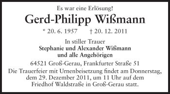 Traueranzeige von Gerd-Philipp Wißmann von Rüsselsheimer Echo, Groß-Gerauer-Echo, Ried Echo