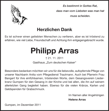 Traueranzeige von Philipp Arras von Echo-Zeitungen (Gesamtausgabe)