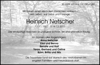 Traueranzeige von Heinrich Netscher von Echo-Zeitungen (Gesamtausgabe)