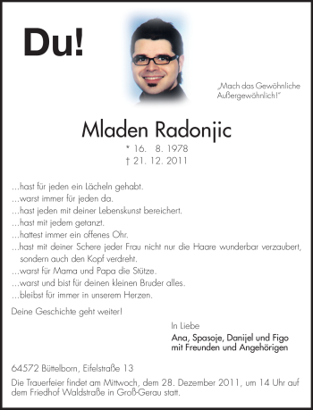Traueranzeige von Mladen Radonjic von Rüsselsheimer Echo, Groß-Gerauer-Echo, Ried Echo