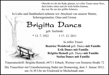 Traueranzeige von Brigitta Dancs von Odenwälder Echo