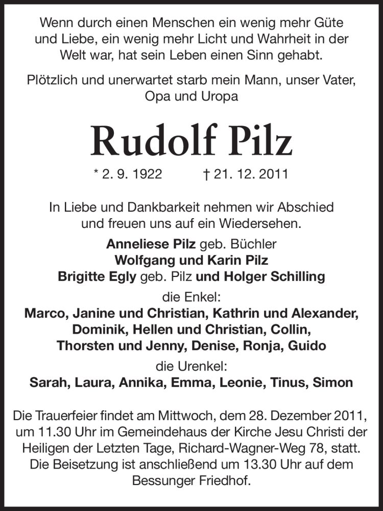  Traueranzeige für Rudolf Pilz vom 24.12.2011 aus Echo-Zeitungen (Gesamtausgabe)