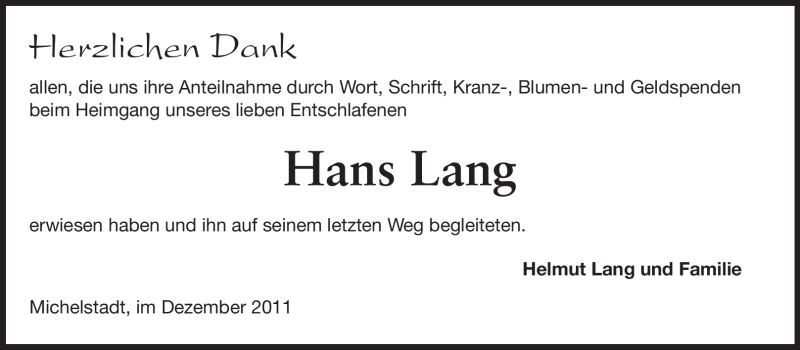  Traueranzeige für Hans Lang vom 24.12.2011 aus Odenwälder Echo