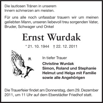 Traueranzeige von Ernst Wurdak von Echo-Zeitungen (Gesamtausgabe)