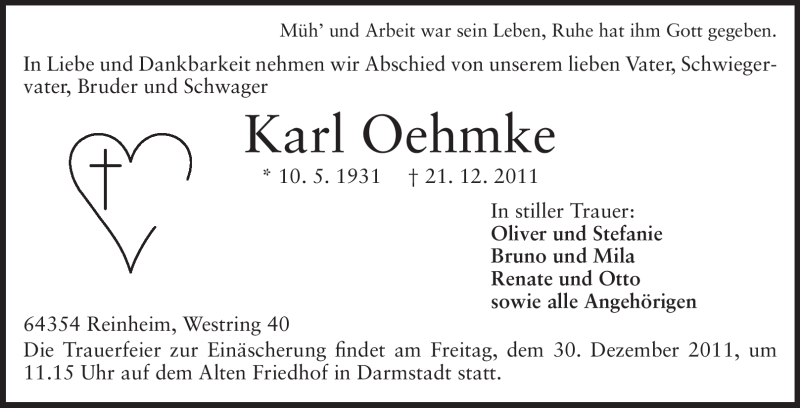  Traueranzeige für Karl Oehmke vom 24.12.2011 aus Echo-Zeitungen (Gesamtausgabe)