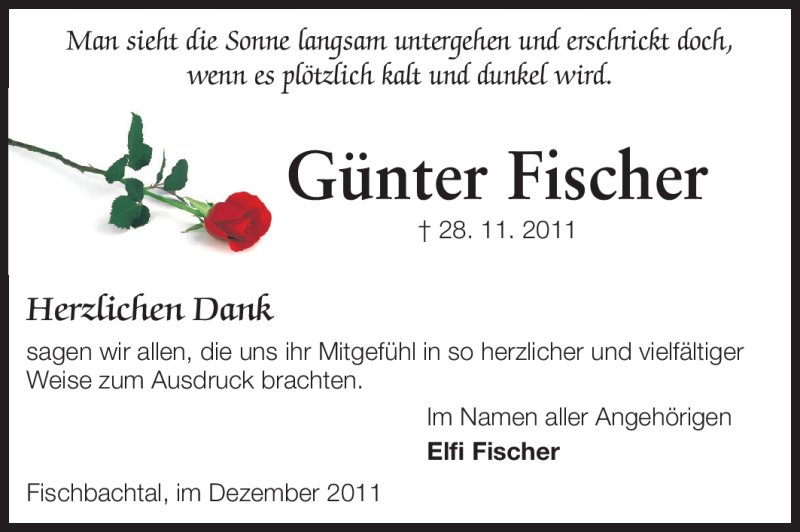  Traueranzeige für Günter Fischer  vom 28.12.2011 aus Echo-Zeitungen (Gesamtausgabe)