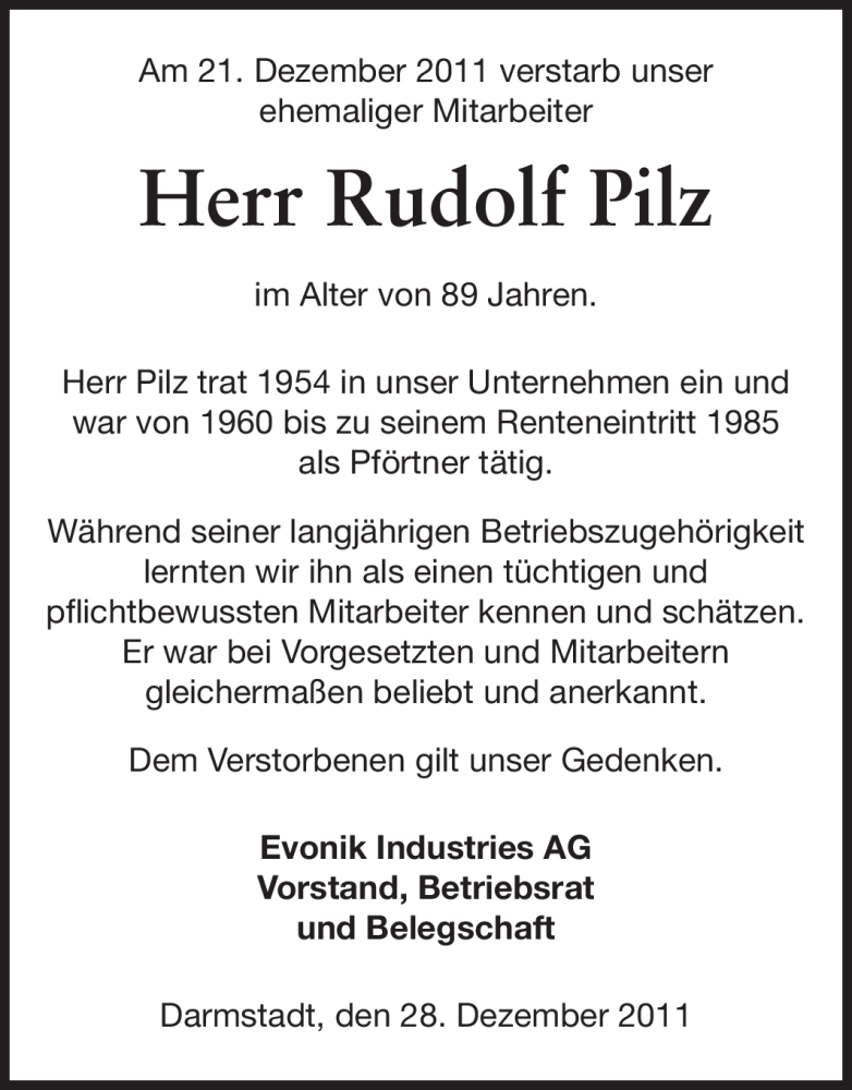  Traueranzeige für Rudolf Pilz vom 28.12.2011 aus Echo-Zeitungen (Gesamtausgabe)