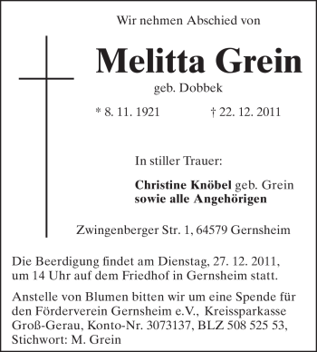 Traueranzeige von Melitta Grein von Rüsselsheimer Echo, Groß-Gerauer-Echo, Ried Echo