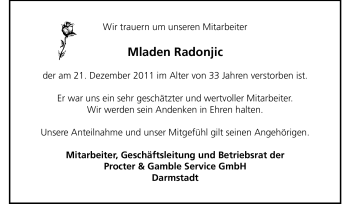 Traueranzeige von Mladen Radonjic von Echo-Zeitungen (Gesamtausgabe)