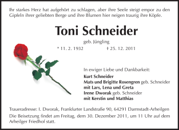 Traueranzeige von Toni Schneider von Echo-Zeitungen (Gesamtausgabe)