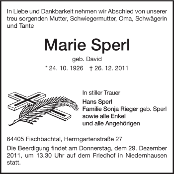 Traueranzeige von Marie Sperl von Echo-Zeitungen (Gesamtausgabe)