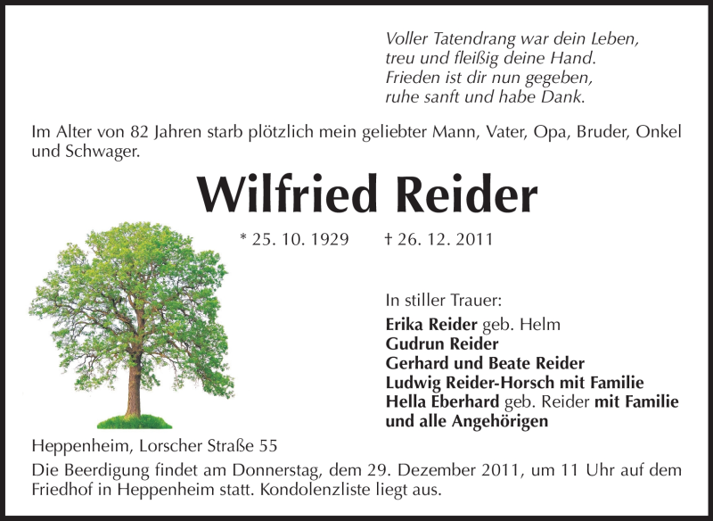  Traueranzeige für Wilfried Reider vom 28.12.2011 aus Starkenburger Echo