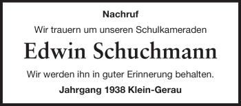 Traueranzeige von Edwin Schuchmann von Rüsselsheimer Echo, Groß-Gerauer-Echo, Ried Echo