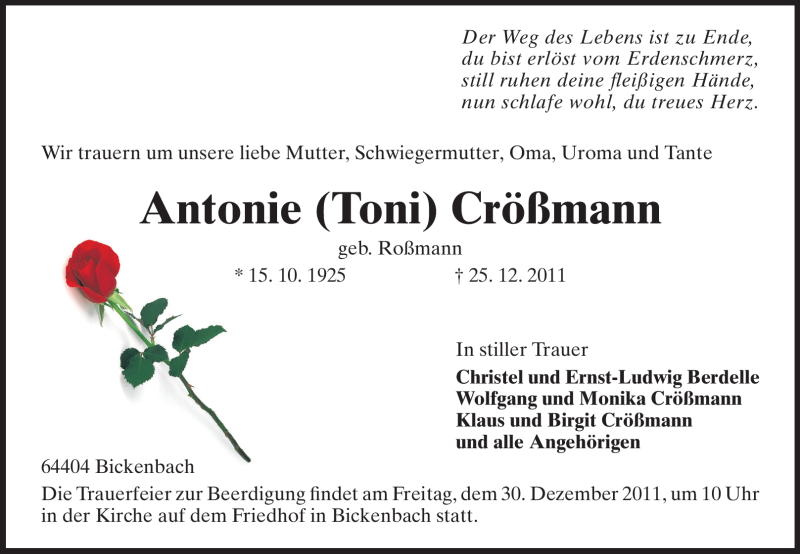  Traueranzeige für Antonie Crößmann vom 28.12.2011 aus Echo-Zeitungen (Gesamtausgabe)
