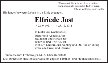 Traueranzeige von Elfriede Just von Darmstädter Echo, Odenwälder Echo, Rüsselsheimer Echo, Groß-Gerauer-Echo, Ried Echo
