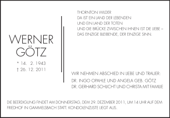 Traueranzeige von Werner Götz von Odenwälder Echo
