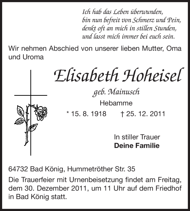  Traueranzeige für Elisabeth Hoheisel vom 28.12.2011 aus Echo-Zeitungen (Gesamtausgabe)