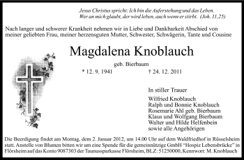 Traueranzeige von Magdalena Knoblauch von Rüsselsheimer Echo, Groß-Gerauer-Echo, Ried Echo