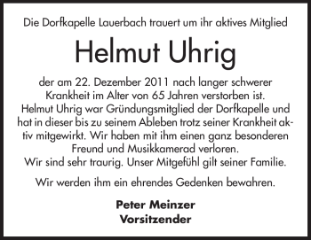 Traueranzeige von Helmut Uhrig von Odenwälder Echo