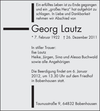 Traueranzeige von Georg Lautz von Darmstädter Echo, Odenwälder Echo, Rüsselsheimer Echo, Groß-Gerauer-Echo, Ried Echo