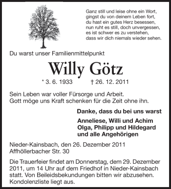 Traueranzeige von Willy Götz von Echo-Zeitungen (Gesamtausgabe)