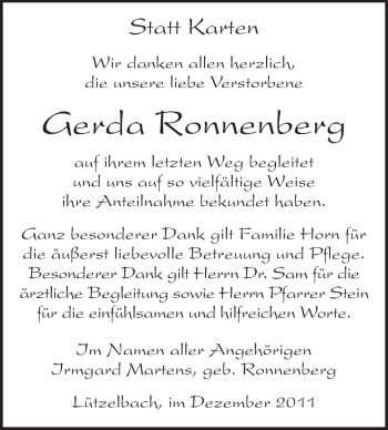 Traueranzeige von Gerda Ronnenberg von Odenwälder Echo