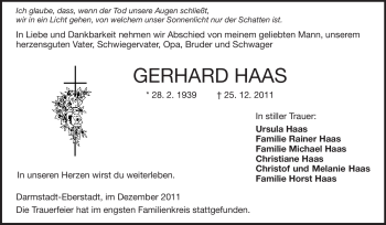 Traueranzeige von Gerhard Haas von Echo-Zeitungen (Gesamtausgabe)
